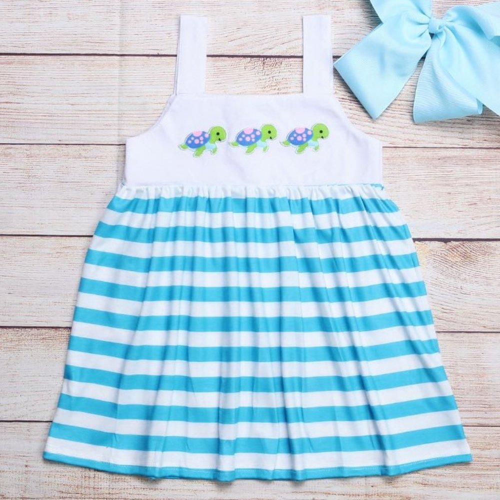 Boutique Sea Turtles Girls Blue Striped Sleeveless Dress